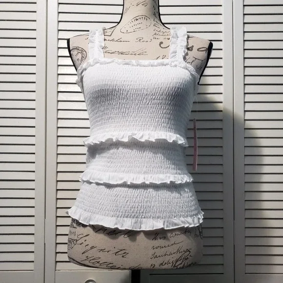 Crave Fame Smocked Tank Top Juniors/Women's Size Small White Stretch Ruffles - Picture 1 of 9